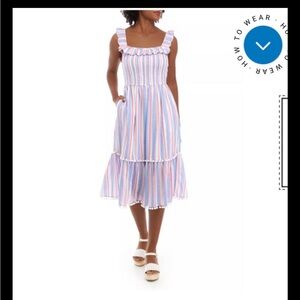 Crown & Ivy Nautical Striped Ruffle Midi Dress PM EUC POMPOM SMOCKED